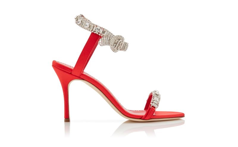 Side view of Asasan, Red Satin Jewel Embellished Sandals - US$1,695.00