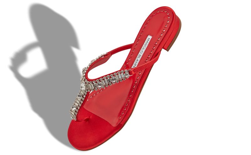 Feona, Red Satin Jewel Embellished Flat Sandals - US$1,235.00