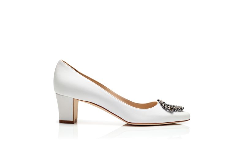 Side view of Okkato, White Crepe De Chine Jewel Buckle Pumps - US$1,165.00