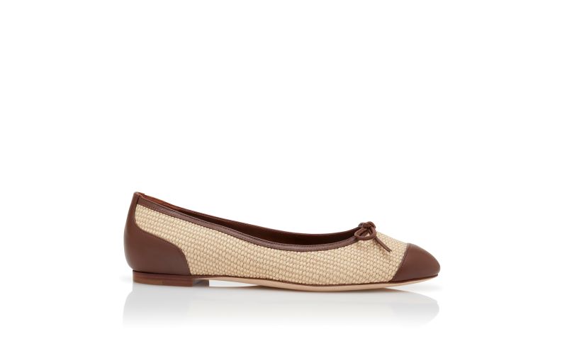 Side view of Capbal, Cream and Brown Raffia Ballerina Flats - US$875.00