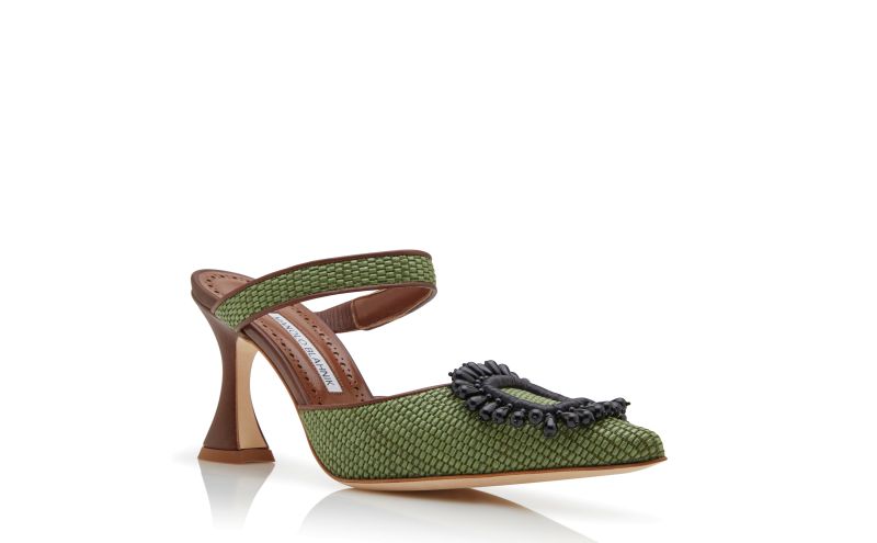 Atika, Green and Brown Raffia Pointed Toe Mules - US$1,195.00