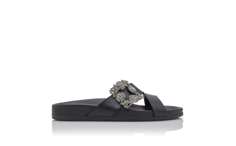 Side view of Chilanghi, Black Calf Leather Jewel Buckle Flat Mules - AU$2,005.00