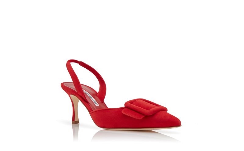 MAYSLI, Red Suede Slingback Pumps, 845 USD