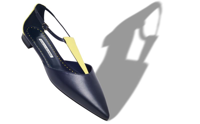 Akino, Navy Blue and Yellow Nappa Leather Flat Pumps - US$965.00 