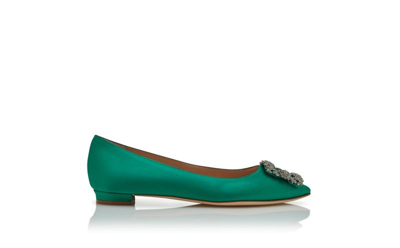 Side view of Hangisiflat, Green Satin Jewel Buckle Flat Pumps - US$1,195.00