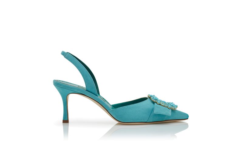 Side view of Gibsli, Light Blue Suede Pearl Buckle Slingback Pumps - US$1,425.00