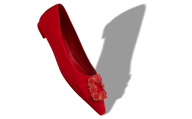 GIBFLA, Red Suede Pearl Buckle Flat Pumps, 1375 USD