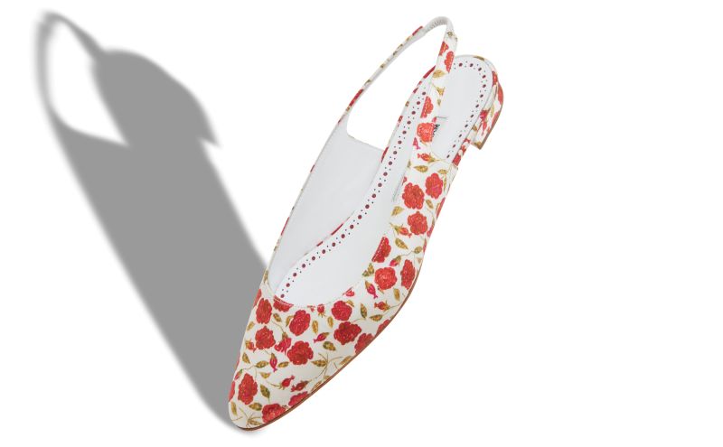 Sawra, White and Red Satin Slingback Flat Pumps  - US$388.00