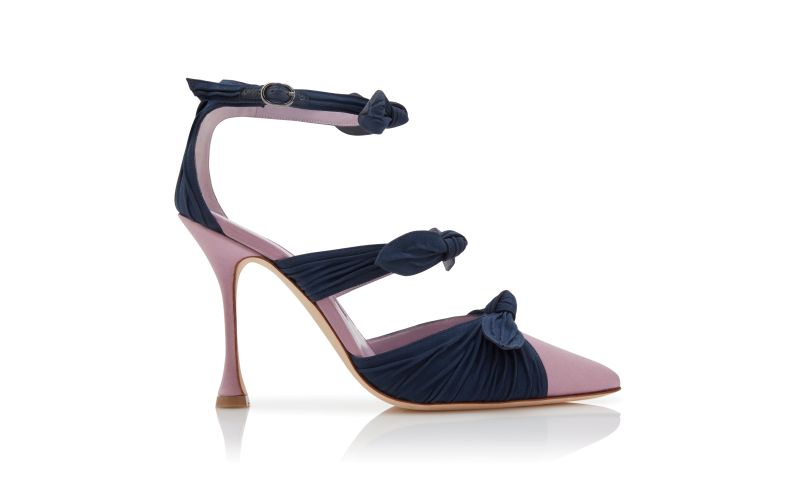 Side view of Smyrna, Purple and Navy Blue Satin Ankle Strap Pumps - £895.00