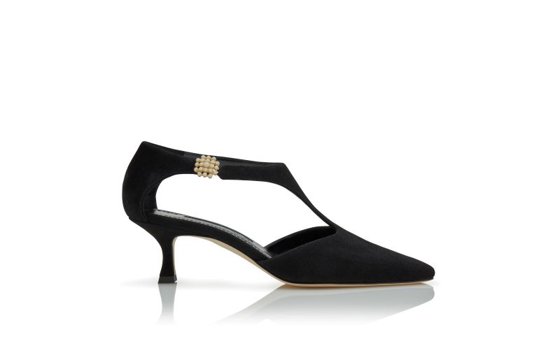 Side view of Shufta, Black Suede Pearl Detail Pumps - €975.00