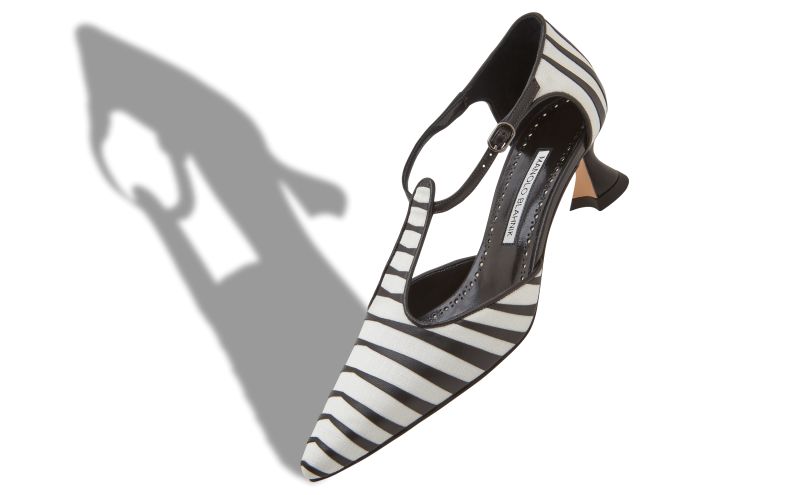 Alaria, White and Black Linen Striped T-Bar Pumps - £1,015.00