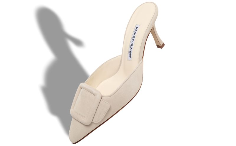 Maysale 70, Light Cream Suede Buckle Detail Mules - US$795.00