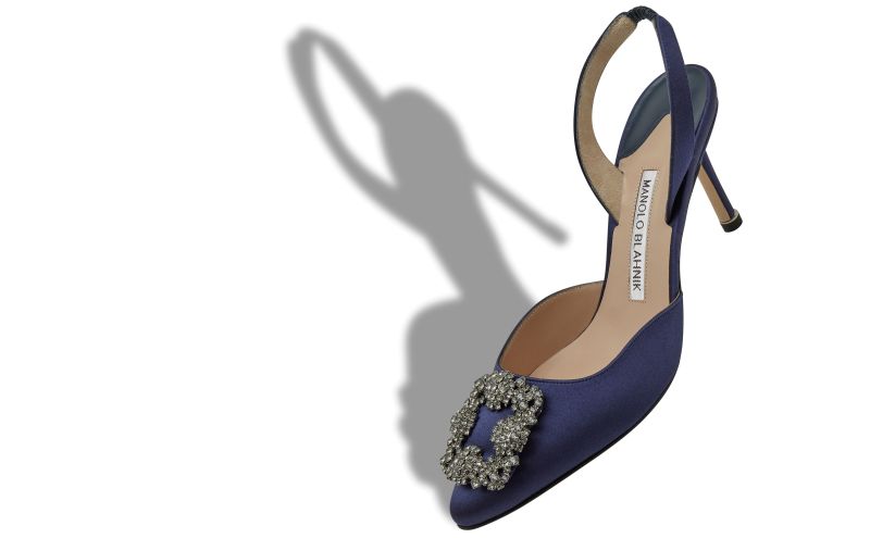 Hangisli, Navy Blue Satin Jewel Buckle Slingback Pumps - £1,035.00