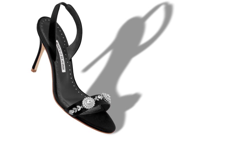 Lamisan, Black Satin Embellished Slingback Sandals - US$1,095.00 