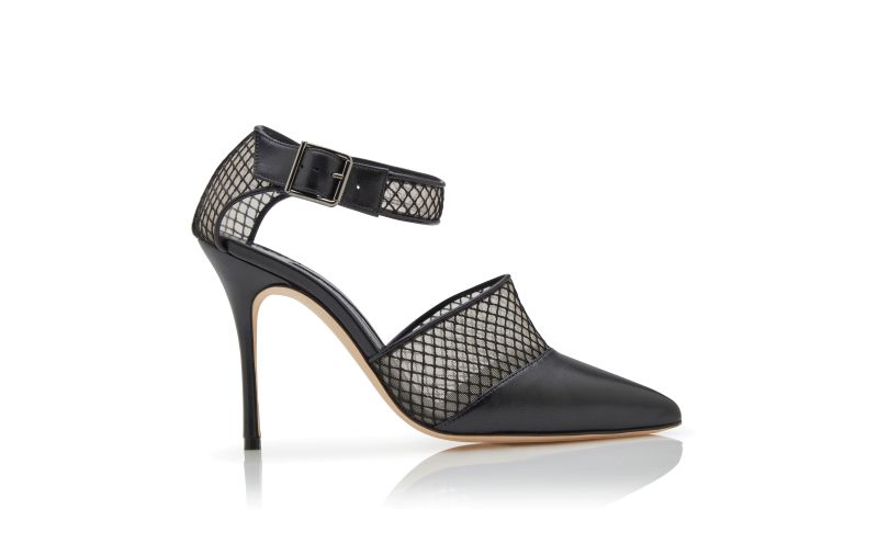 JATELAH, Black Nappa Leather Ankle Strap Pumps, 1135 USD