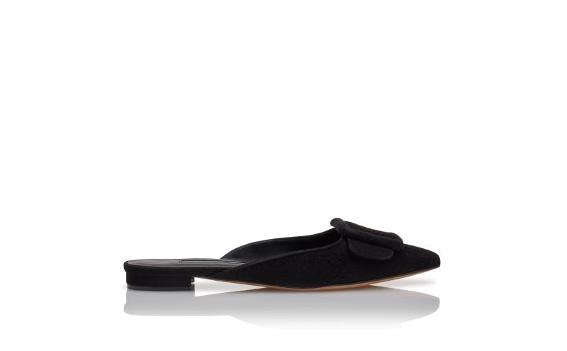 Side view of Maysaleflat, Black Suede Buckle Detail Flat Mules - £650.00