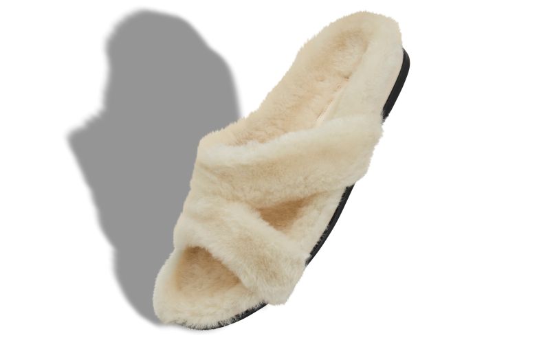 Chilpa, Cream Shearling Open Toe Flat Mules - CA$570.00