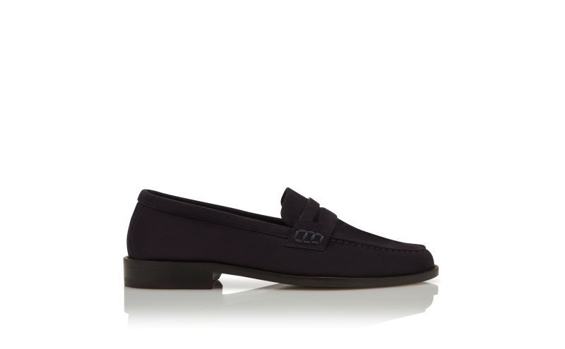 Side view of Perry, Navy Blue Suede Penny Loafers  - US$995.00