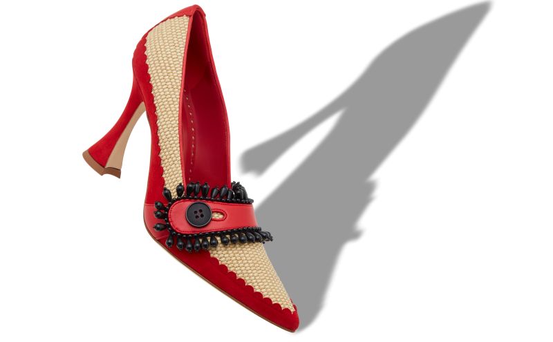 Trebeda, Red and Beige Raffia Pointed Toe Pumps - US$1,425.00 