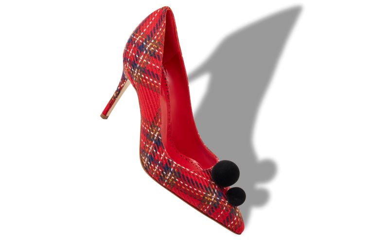 Piera, Red Wool Tartan Pom Pom Detail Pumps - US$463.00 