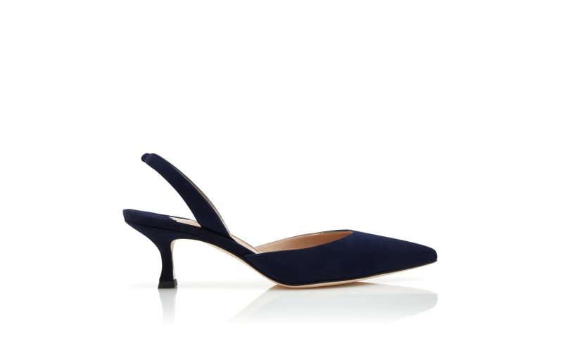 Side view of Carolyne, Navy Blue Suede Slingback Pumps - £625.00