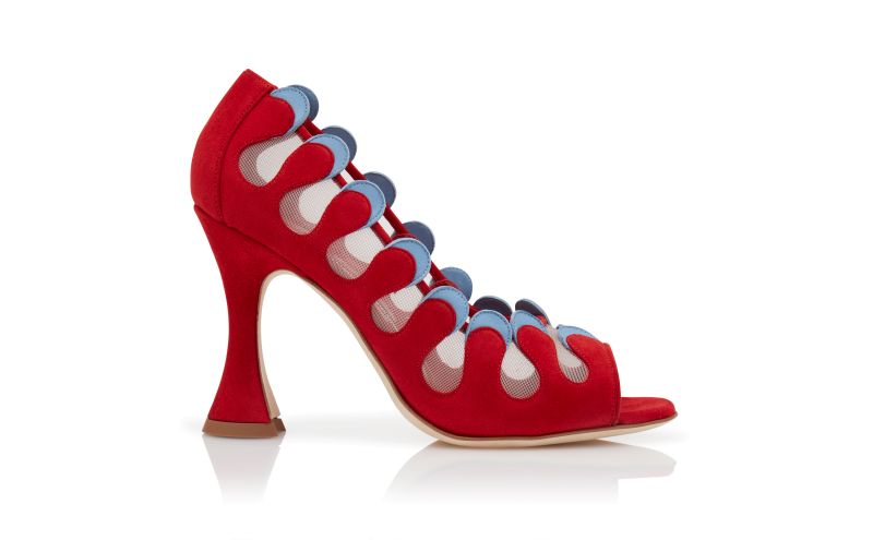 Side view of Aziz, Red and Blue Suede Scalloped Pumps - US$1,250.00