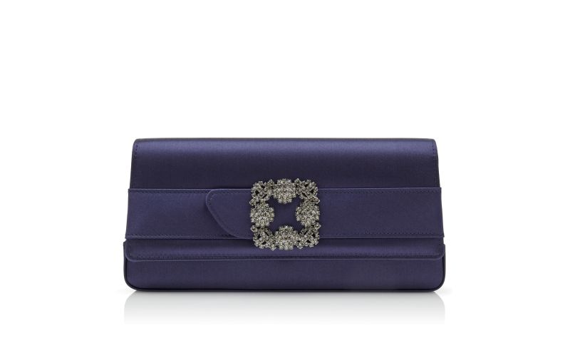 Side view of Gothisi, Navy Blue Satin Jewel Buckle Clutch - US$1,650.00