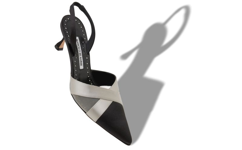 Oyounasli, Black and Grey Satin Crossover Slingback Pumps - US$965.00 