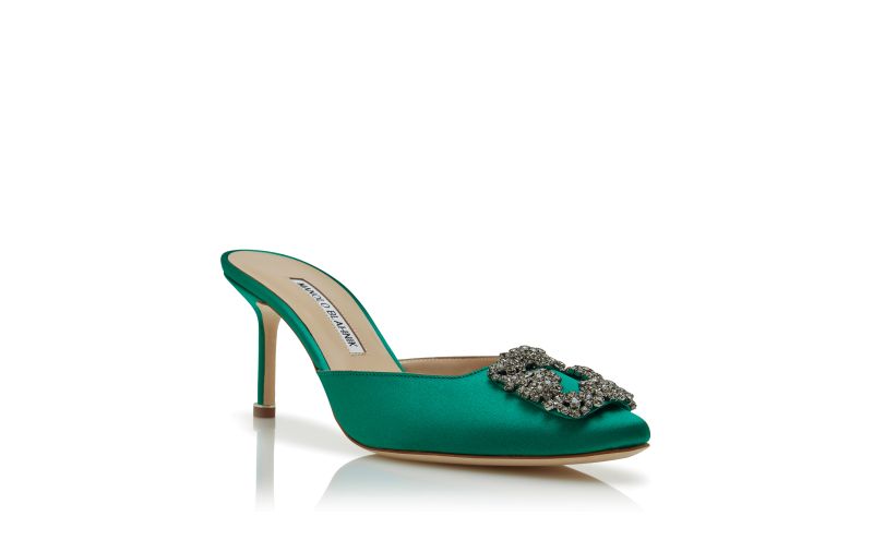 Hangisimu, Green Satin Jewel Buckle Mules - US$1,195.00