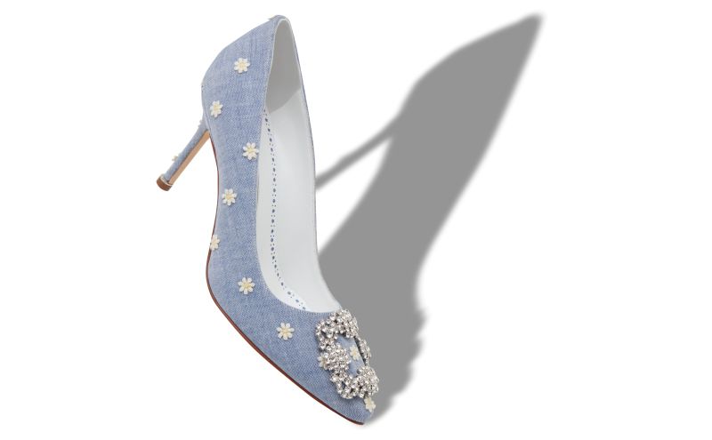 Hangisi 90, Blue and White Chambray Jewel Buckle Pumps - US$735.00 