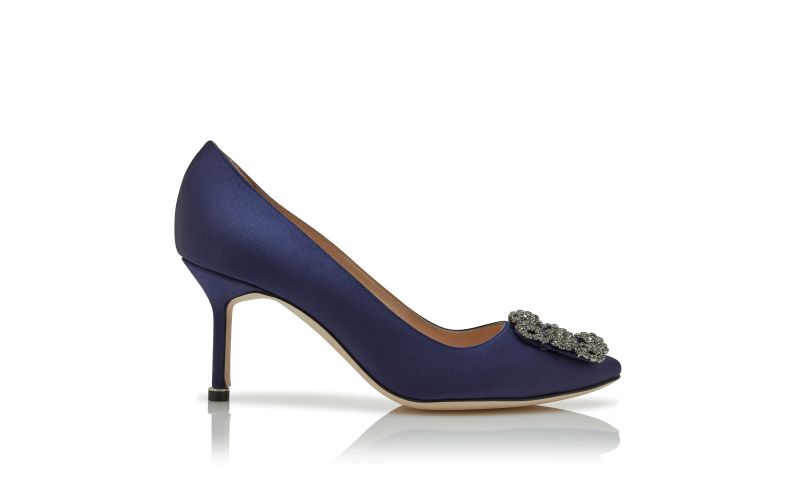 Side view of Hangisi 70, Navy Blue Satin Jewel Buckle Pumps - €1,145.00