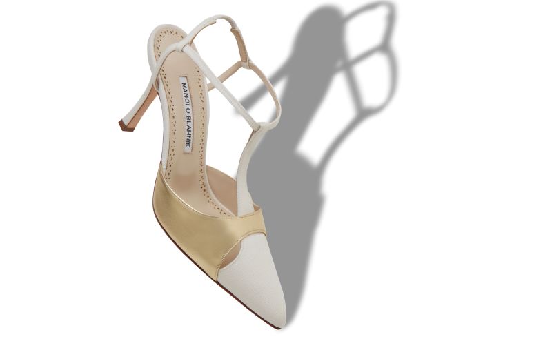 Turgimodhi, Cream and Gold Cotton T-Bar Pumps - US$473.00 