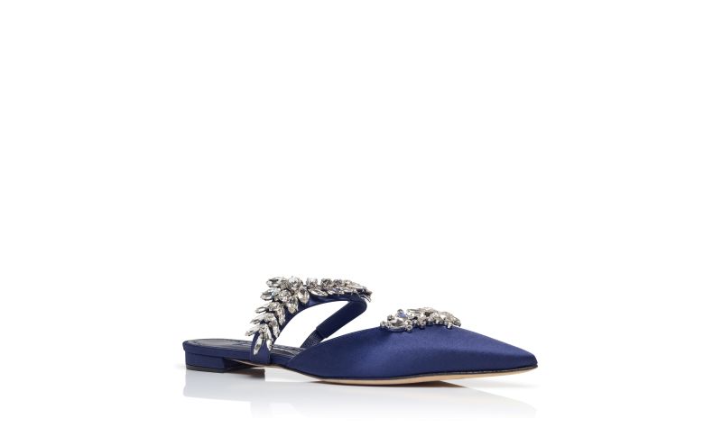 Lurumflat, Navy Blue Satin Crystal Embellished Flat Mules - US$1,425.00