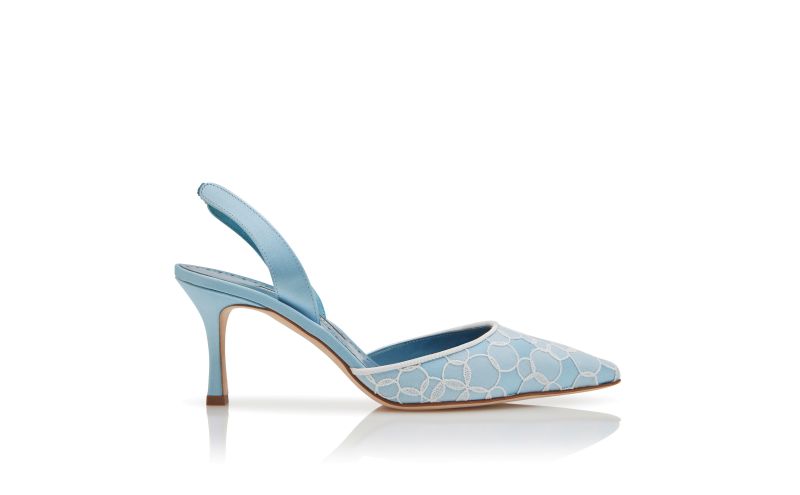 Side view of Carolyne 70, Blue Satin Slingback Pumps - €845.00