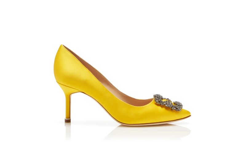 Side view of Hangisi 70, Yellow Satin Jewel Buckle Pumps - CA$1,555.00