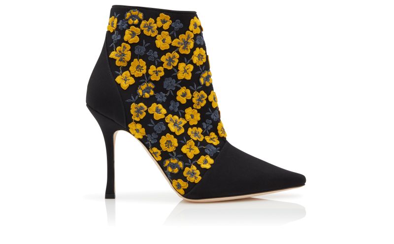 Side view of Botiye, Black and Yellow Silk Embroidered Ankle Boots - US$1,945.00