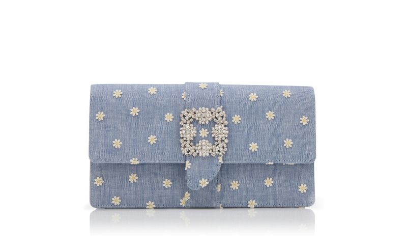 Side view of Capri, Blue and White Chambray Jewel Buckle Clutch - US$1,035.00