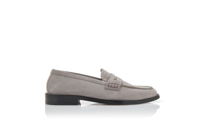 Side view of Perry, Grey Suede Penny Loafers  - US$895.00
