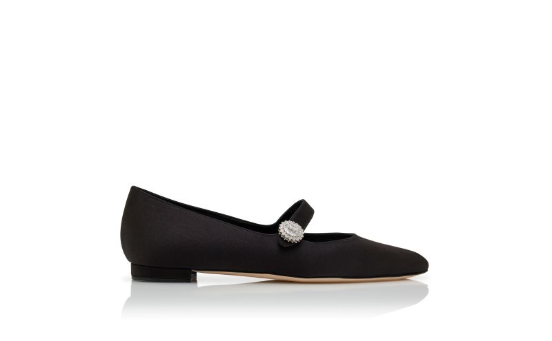 Side view of Marijanaflat, Black Satin Embellished Mary Jane Flat Pumps - £447.00