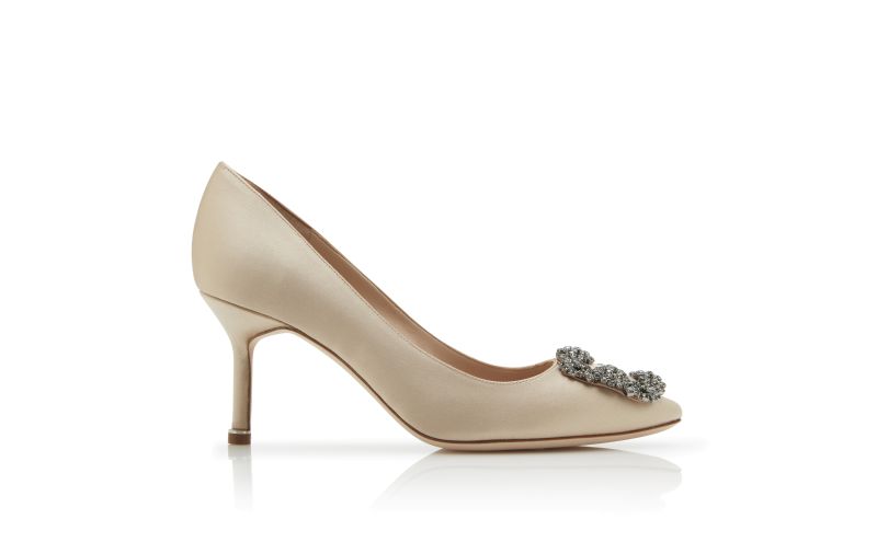 Side view of Hangisi 70, Champagne Satin Jewel Buckle Pumps - AU$1,945.00