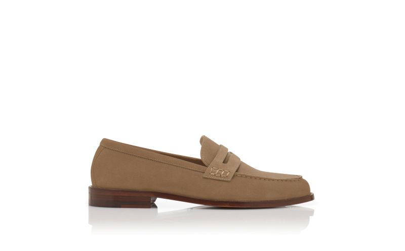 Side view of Perry, Beige Suede Penny Loafers - £363.00