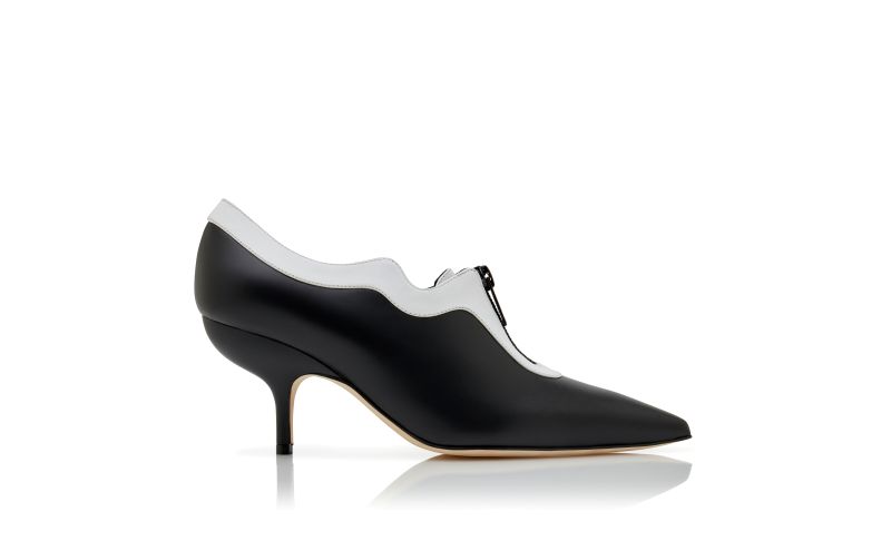 Side view of Zeynep, Black and White Calf Leather Zip Detail Pumps - £388.00