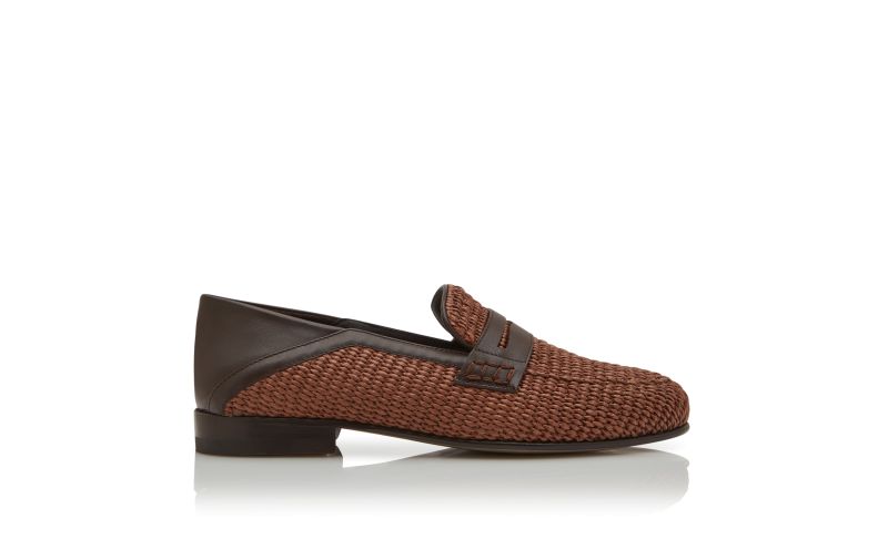 Side view of Padstow, Dark Brown Raffia Penny Loafers - US$895.00