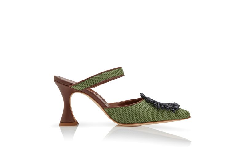 Side view of Atika, Green and Brown Raffia Pointed Toe Mules - £945.00