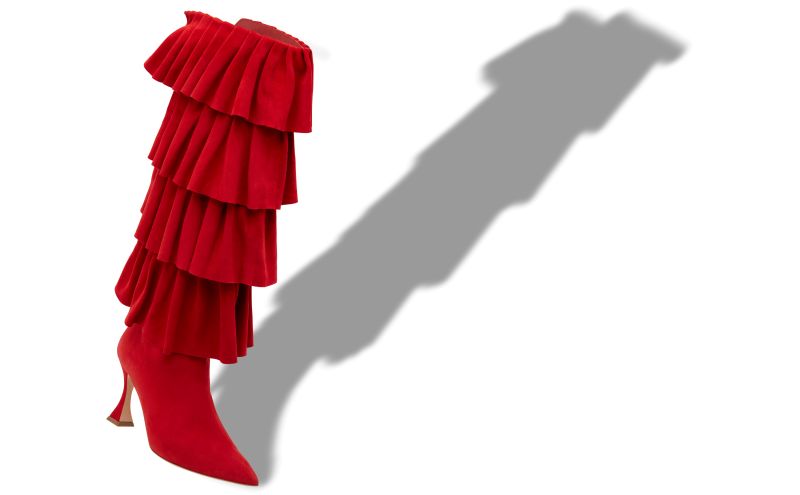 Miralone, Red Suede Ruffled Knee High Boots - AU$4,465.00 