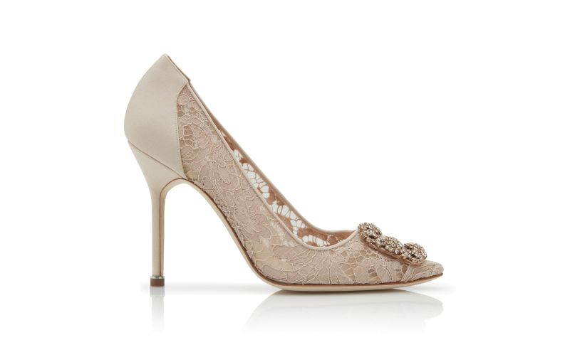 Side view of Hangisi lace, Pink Champagne Lace Jewel Buckle Pumps - AU$2,075.00