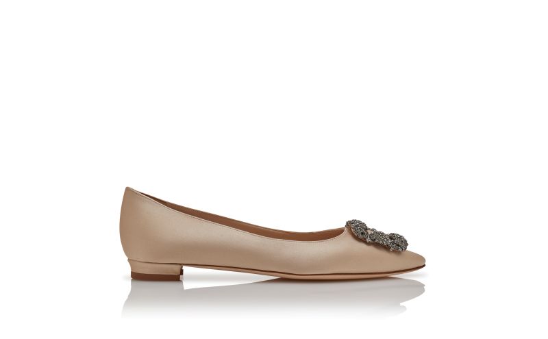 Side view of Hangisiflat, Champagne Satin Jewel Buckle Flat Pumps - AU$1,965.00