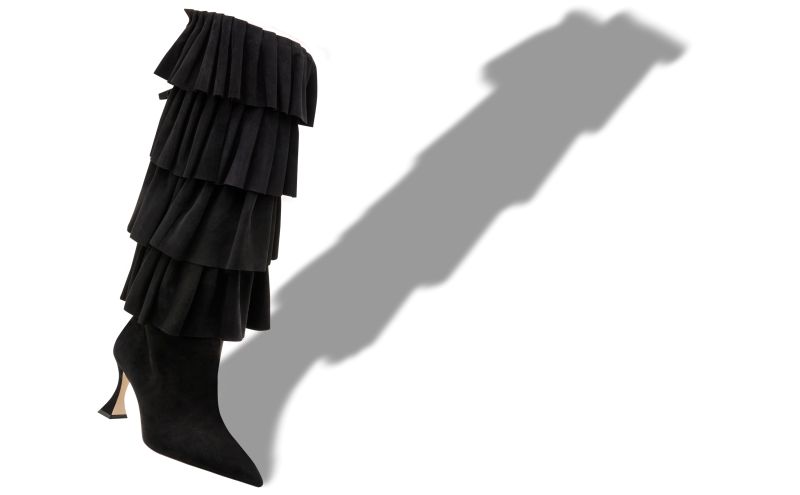 Miralone, Black Suede Ruffled Knee High Boots - AU$4,465.00 