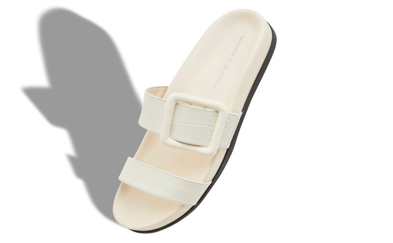Mayfu, White Calf Leather Buckle Detail Flat Mules - US$845.00