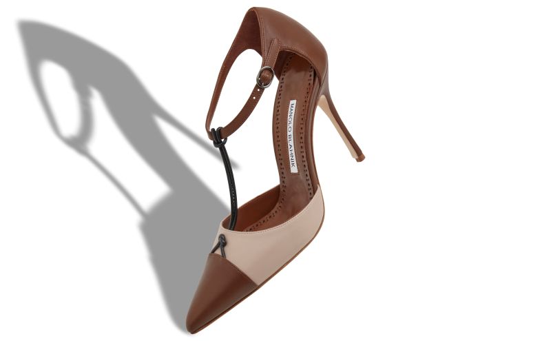 Assala, Brown and Beige Nappa Leather Ankle Strap Pumps - US$1,085.00